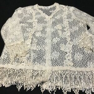 Moda International Spiegel White Floral Lace Cardigan Bell Sleeve Fringe XL
